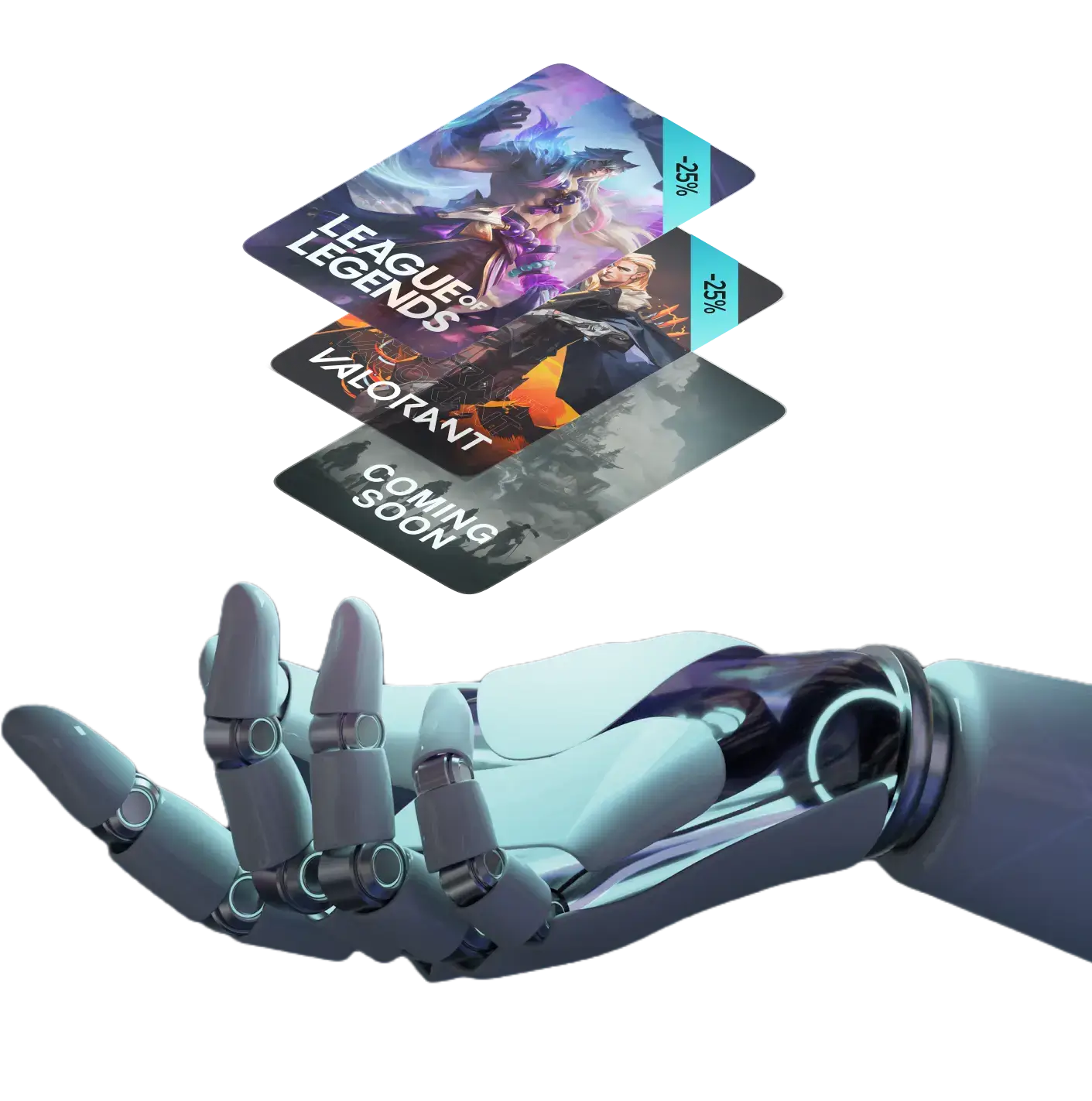 a robot hand holding league of legends and valorant cards